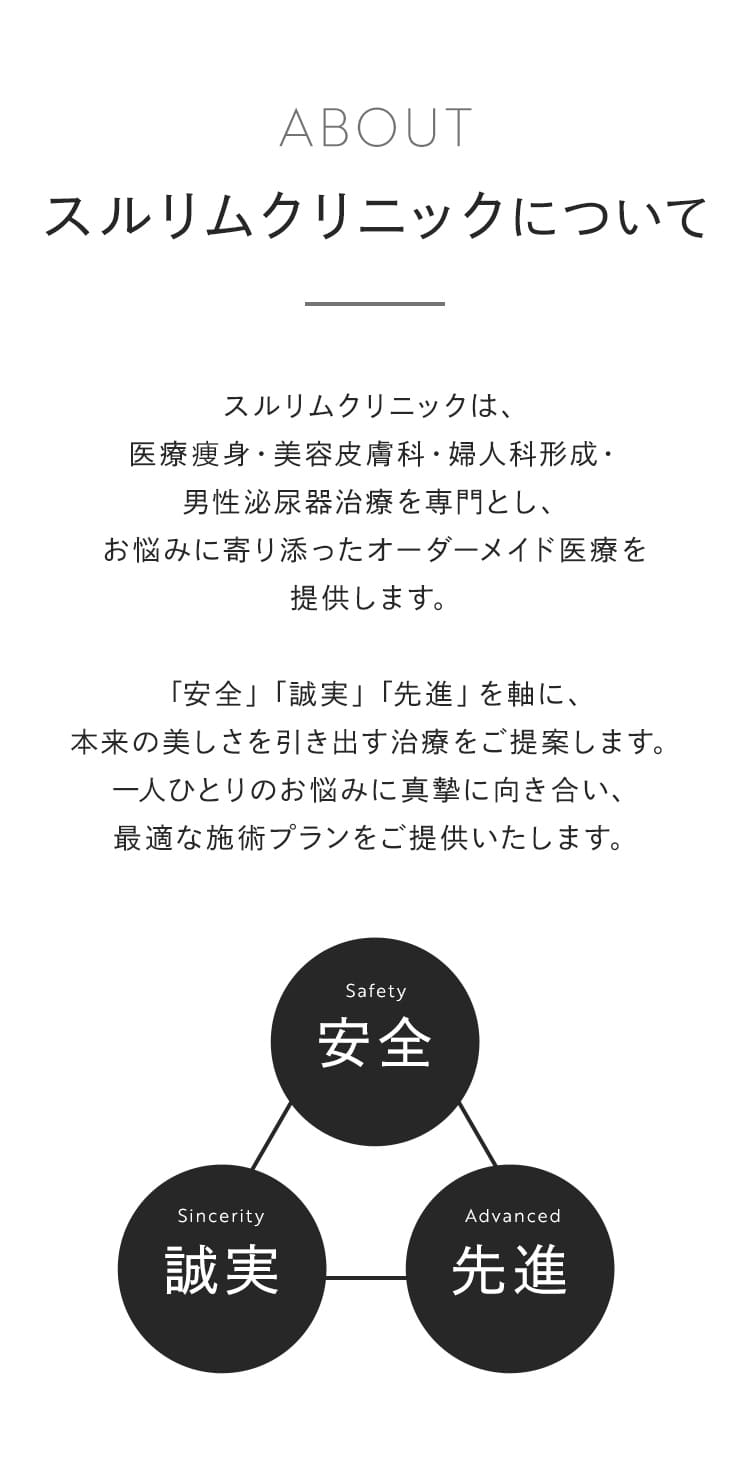 スルリムクリニックは、医療痩身・美容皮膚科・婦人科形成・男性泌尿器治療を専門とし、お悩みに寄り添ったオーダーメイド医療を提供します。「安全」「誠実」「先進」を軸に、肌本来の美しさを引き出す治療をご提案。一人ひとりのお悩みに真摯に向き合い、最適な施術プランをご提供いたします。